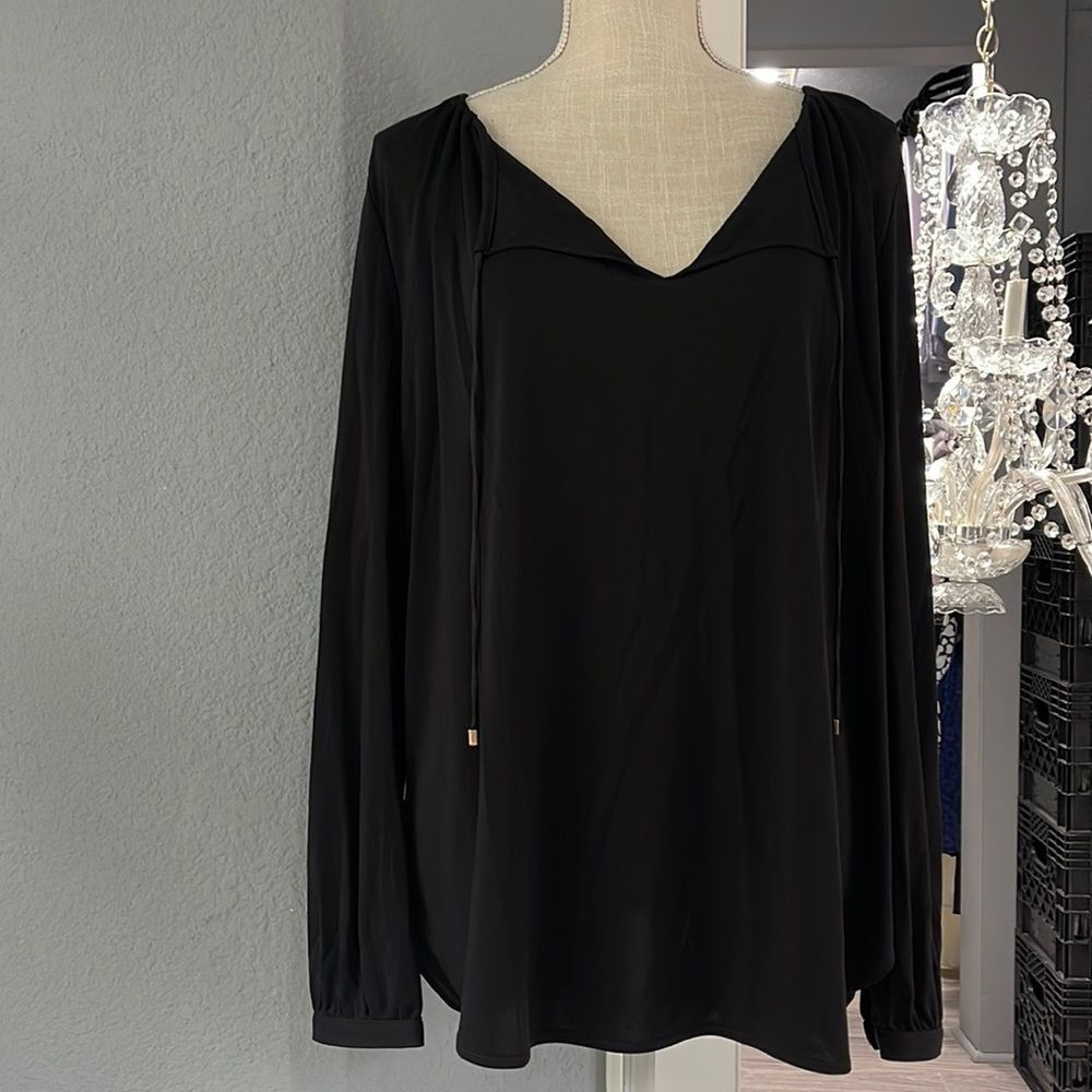 Anne Taylor black blouse with gold buttons and gold tie ends NWT